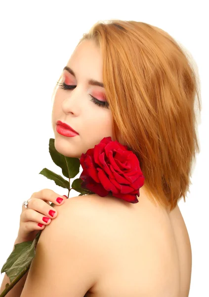 Retrato de mujer joven sexy con rosa roja — Stockfoto