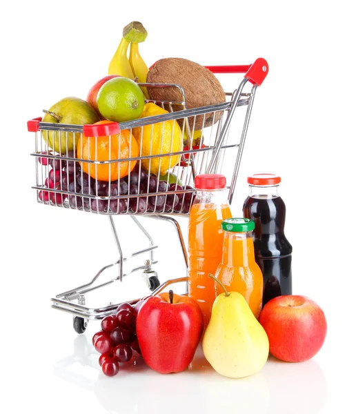 Diferentes frutas en carro con jugo aislado sobre blanco —  Fotos de Stock