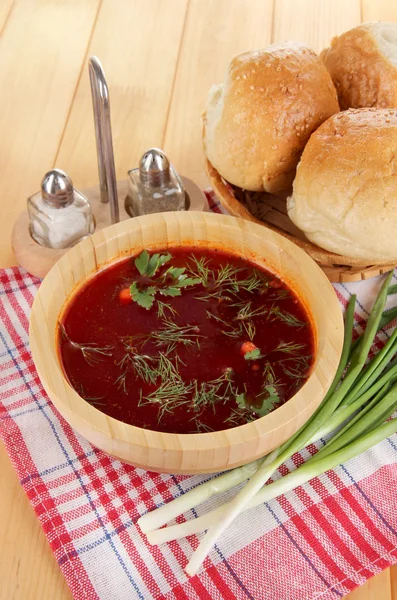 Delicious borsch on table close-up — Stock Photo, Image