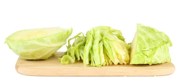Green cabbage sliced on cutting board, isolated on white — Stock Photo, Image