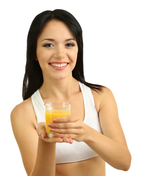 Girl with fresh orange juice isolated on white — Stock Photo, Image