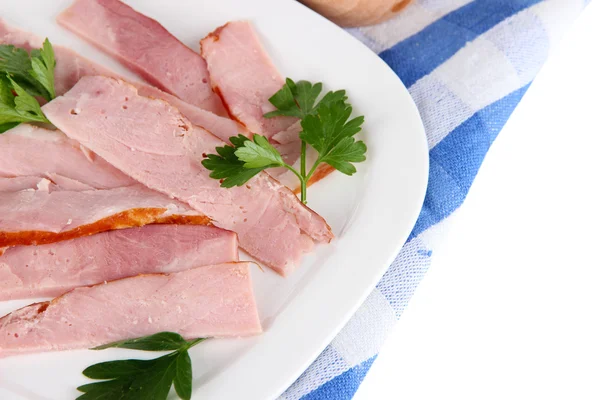 Bacon on plates on napkin isolated on white — Stock Photo, Image