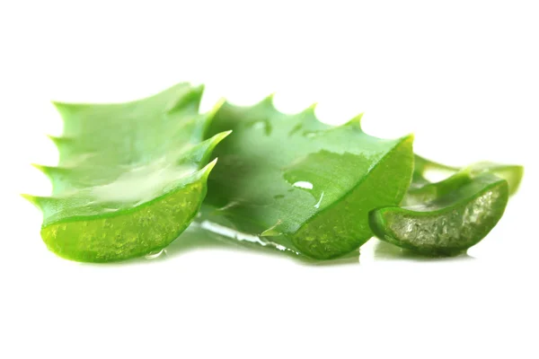 Foglie di aloe con gocce, isolate su bianco — Foto Stock