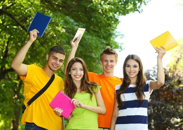 Feliz grupo de jóvenes estudiantes de pie en el parque —  Fotos de Stock