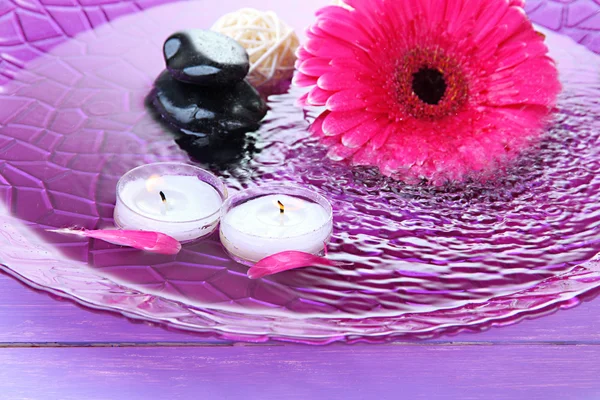 Piedras de spa, hermosa gerbera y velas en el agua — Foto de Stock