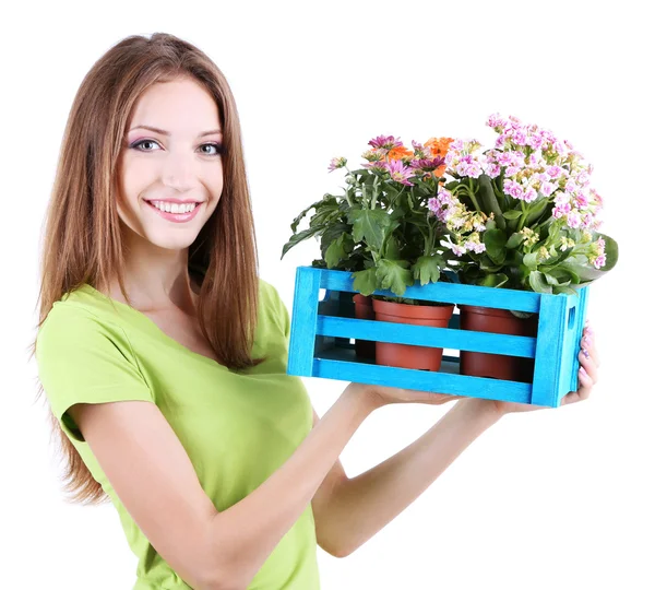 Schönes Mädchen mit Blume im Topf isoliert auf weiß — Stockfoto