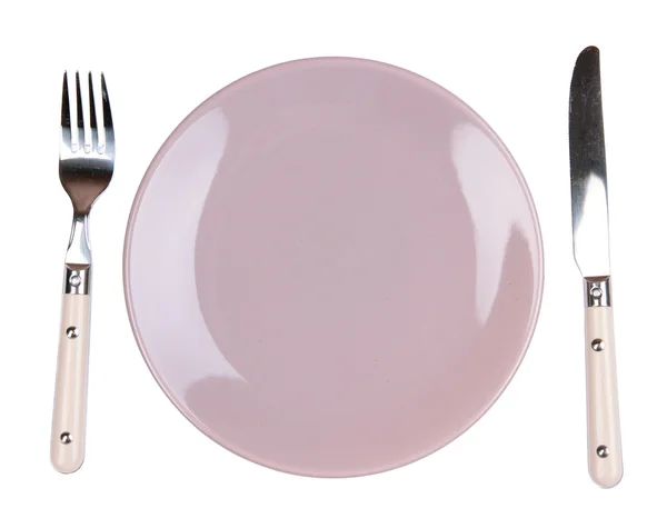 Kniv, fargeplate og gaffel, isolert på hvitt – stockfoto