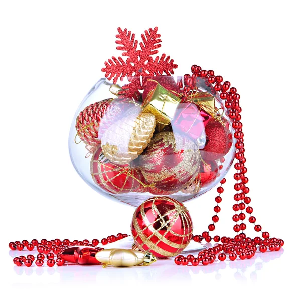 Glass bowl filled with christmas decorations, isolated on white — Stock Photo, Image