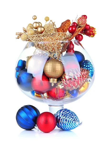 Glass bowl filled with christmas decorations, isolated on white — Stock Photo, Image