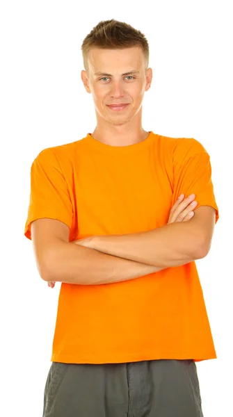 T-Shirt auf jungen Mann isoliert auf weiß — Stockfoto