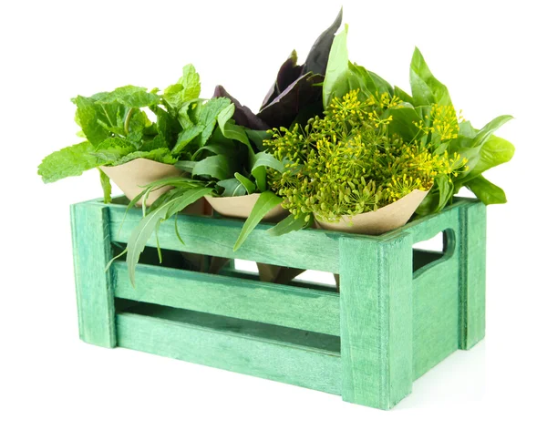 Fresh herbs in wooden crate, isolated on white — Stock Photo, Image