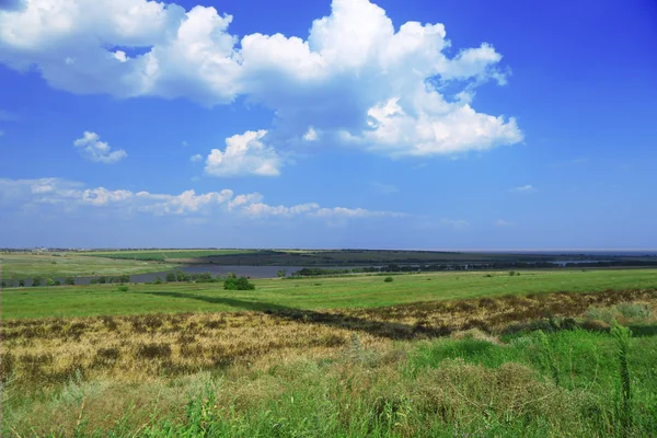 Vackra landskap med gröna ängen, river och blå himmel — Stockfoto