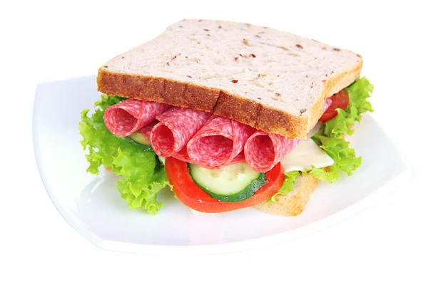 Вкусный сэндвич с колбасой и овощами на белой тарелке, изолированный на белом — стоковое фото