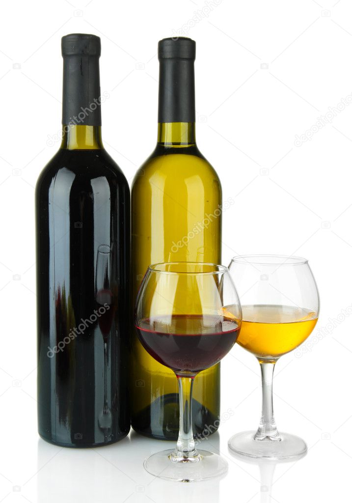 bottle of wine and glasses isolated on white