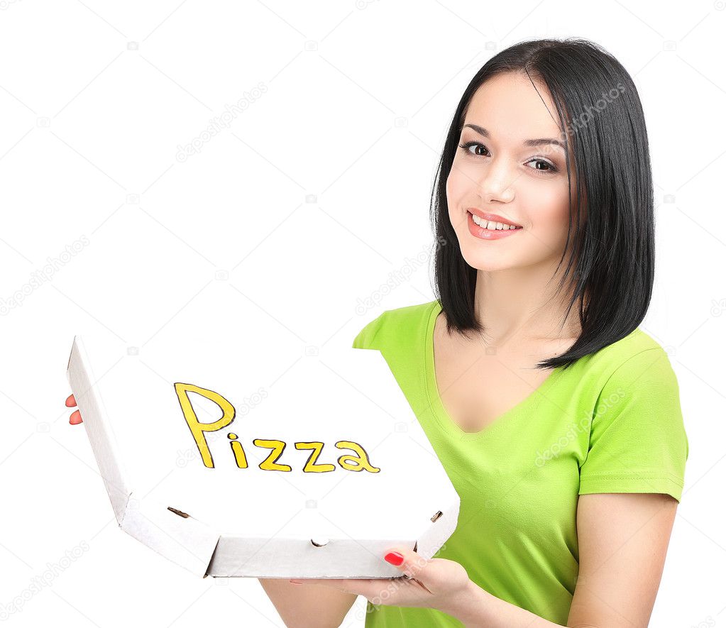 Beautiful girl with pizza in pizza box isolated on white
