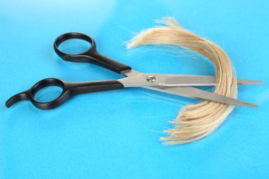 mavi zemin üzerine makasla kesilmiş saç parçaları