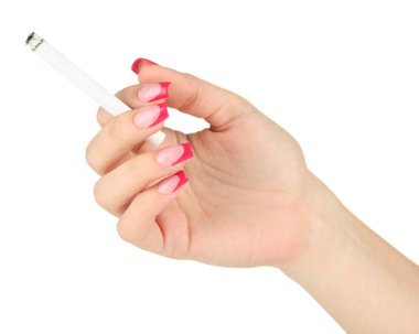 el ile üzerine beyaz izole sigara,