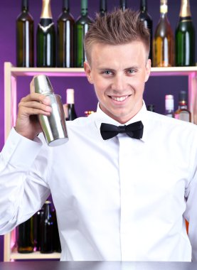 portre yakışıklı barmen ile shaker, bar