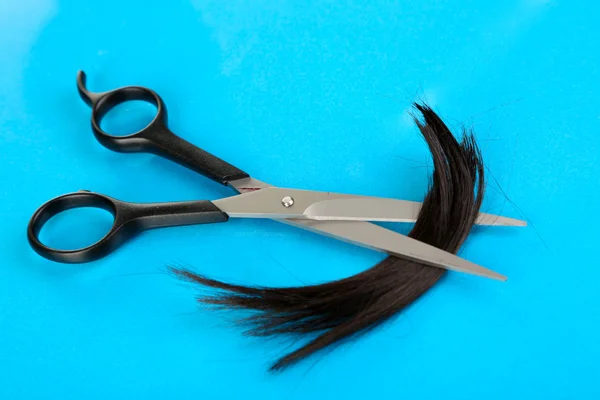 Trozos de cabello cortado con tijeras sobre fondo azul — Foto de Stock