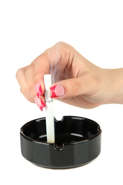 Main féminine avec cigarette, isolée sur blanc — Photo