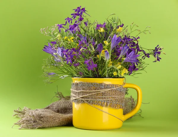 Mooi boeket van wilde bloemen in cup op groene achtergrond — Zdjęcie stockowe