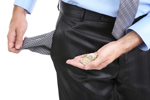 Hombre de negocios mostrando su bolsillo vacío, aislado en blanco — Foto de Stock