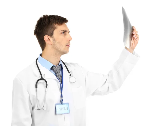 Portret młody stażysta medyczny na białym tle — Zdjęcie stockowe
