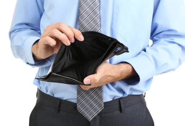Geschäftsmann zeigt sein leeres Portemonnaie, isoliert auf weiß — Stockfoto