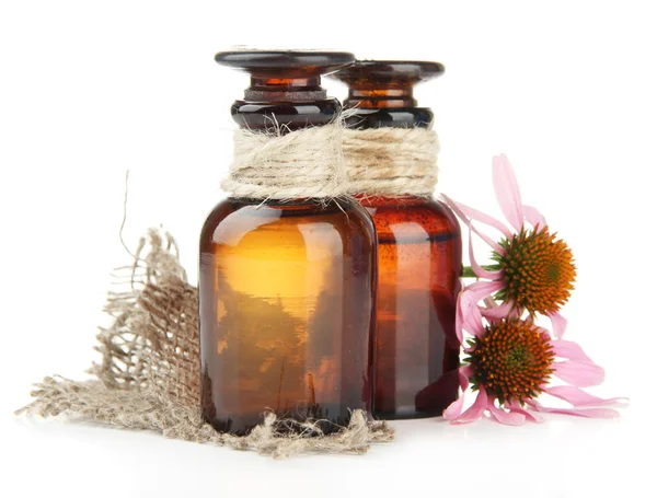 Medicine bottles with purple echinacea, isolated on white — Stock Photo, Image