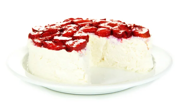 Cheesecake with fresh strawberry on white plate isolated on white — Stock Photo, Image