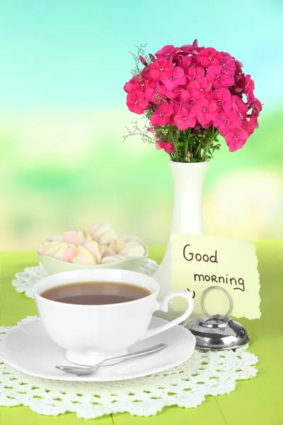 Beautiful bouquet of phlox with cup of tea on table on light background — Stock Photo, Image