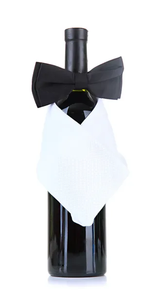 孤立在白色的葡萄酒瓶上的黑色领结 — 图库照片