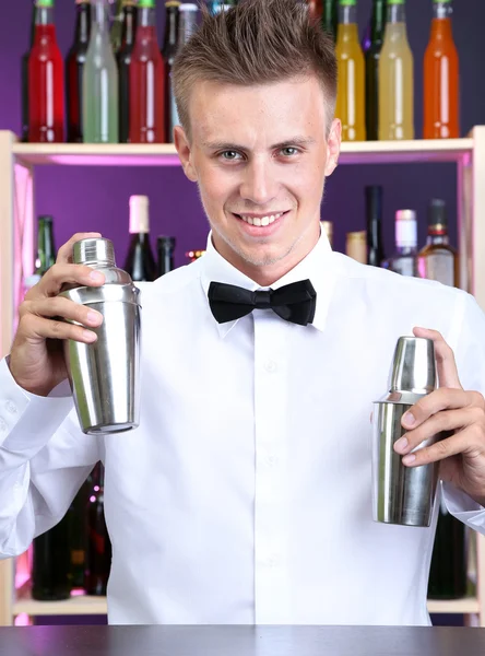 Retrato de belo barman com dois shakers, no bar — Fotografia de Stock