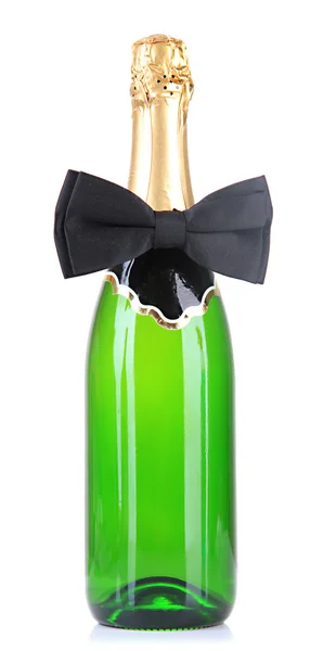 Laço preto gravata em garrafa de champanhe isolado em branco — Fotografia de Stock