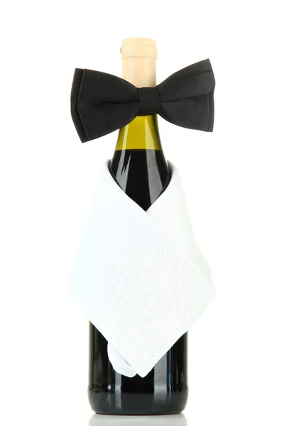 Black bow tie on wine bottle isolated on white — Stock Photo, Image