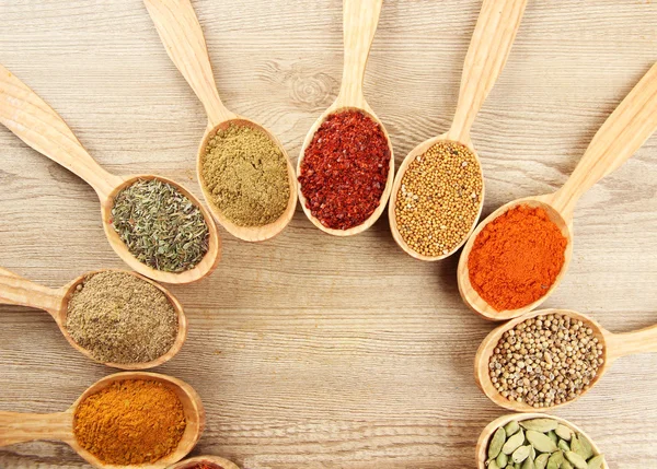 Assortment of spices in wooden spoons on wooden background — Stock Photo, Image