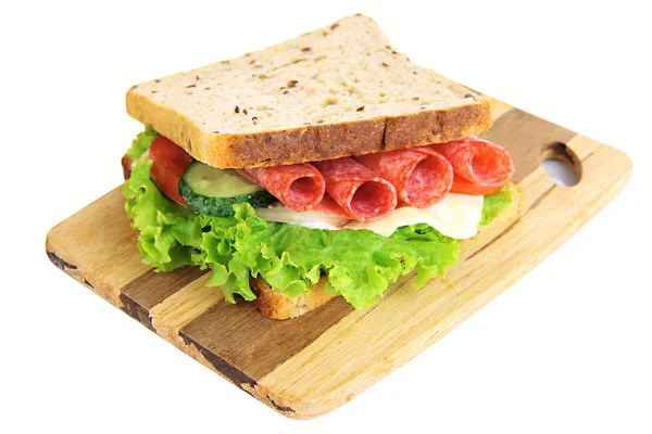 Tasty sandwich with salami sausage and vegetables on cutting board, isolated on white — Stock Photo, Image