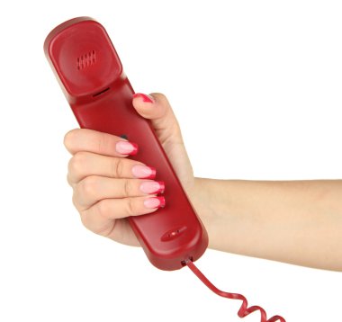 çevirmeli telefon cep telefonu, beyaz izole kadın eliyle