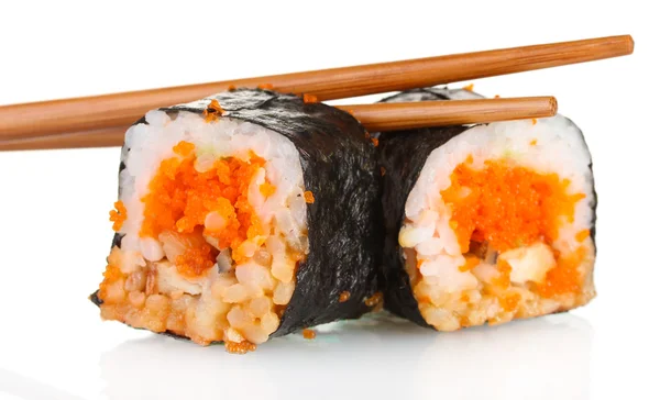 Delizioso sushi e bacchette isolate su bianco — Foto Stock