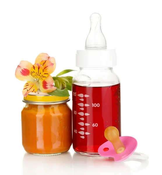 Baby bottle with fresh juice and puree isolated on white — Stock Photo, Image