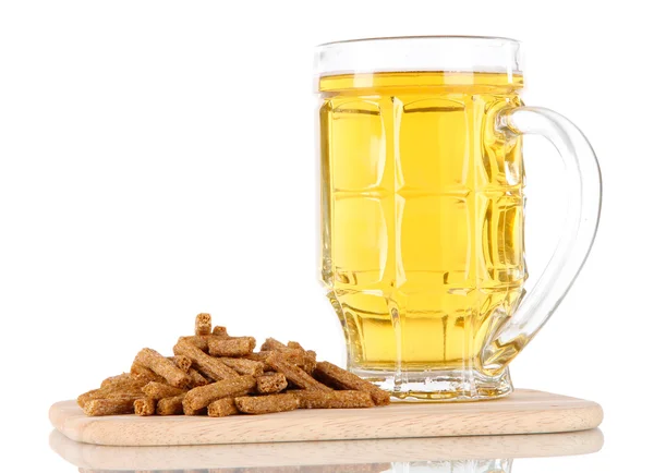 Beer in glass and croutons on on board isolated on white — Stock Photo, Image