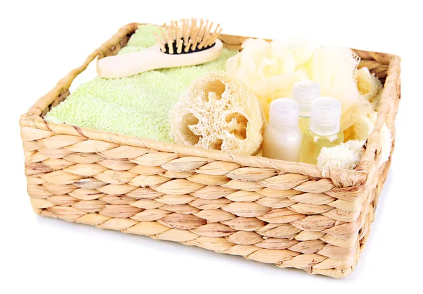 Set for spa in wicker basket, isolated on white — Stock Photo, Image