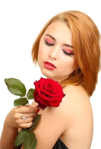 빨간 장미와 함께 섹시 한 젊은 여자의 초상화 — 스톡 사진