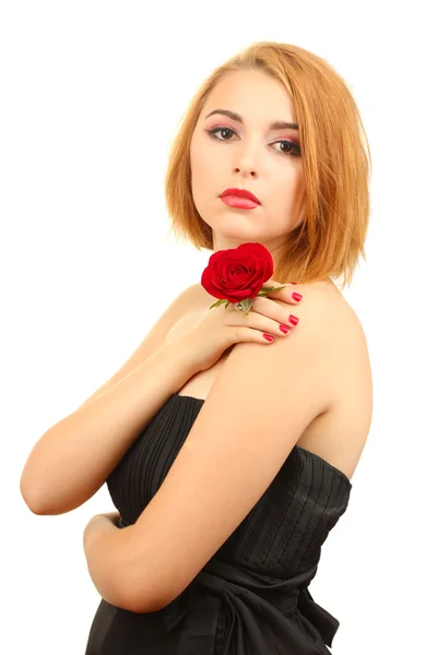 Retrato de sexy jovem mulher com rosa vermelha — Fotografia de Stock