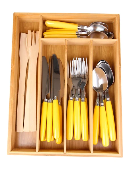 Wooden cutlery box with checked cutlery isolated on white — Stock Photo, Image