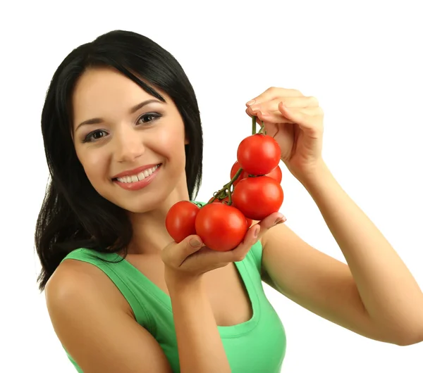 Menina com tomates frescos isolados em branco — Fotografia de Stock