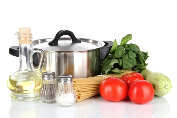 Ingredients for cooking pasta isolated on white — Stock Photo, Image