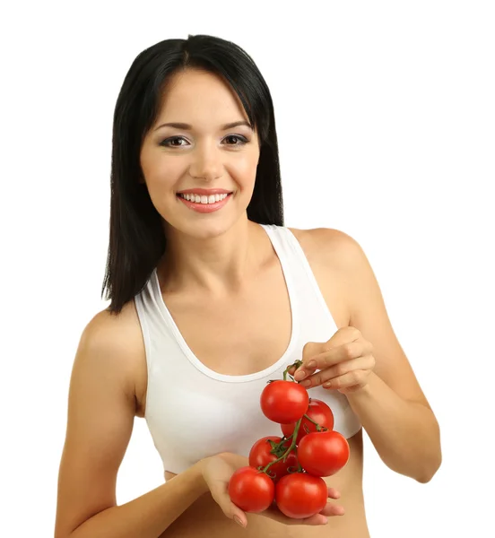 Girl with fresh tomatoes isolated on white — Stock Photo, Image