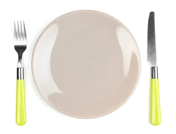 Knife, color plate and fork, isolated on white — Stock Photo, Image