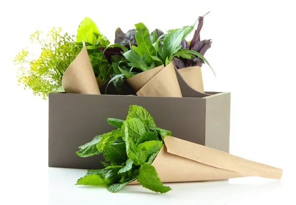 Fresh herbs in wooden crate, isolated on white — Stock Photo, Image